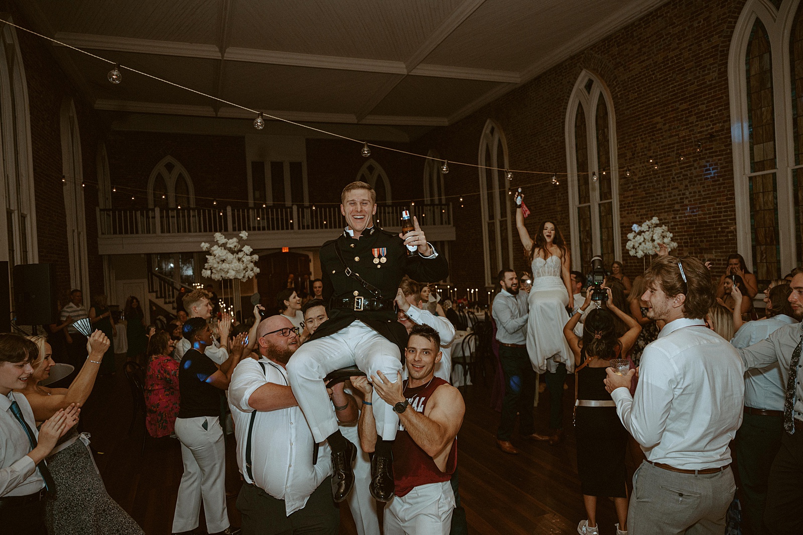 Dance floor party at wedding reception at St. Thomas Preservation Hall in downtown Wilmington, NC