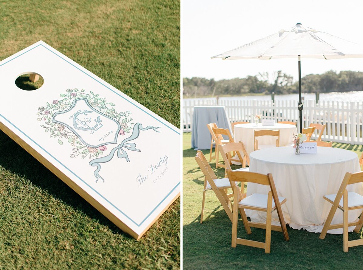 Wedding Cocktail Hour at The Beaufort Hotel. Custom Designed Cornhole boards with Wedding crest 