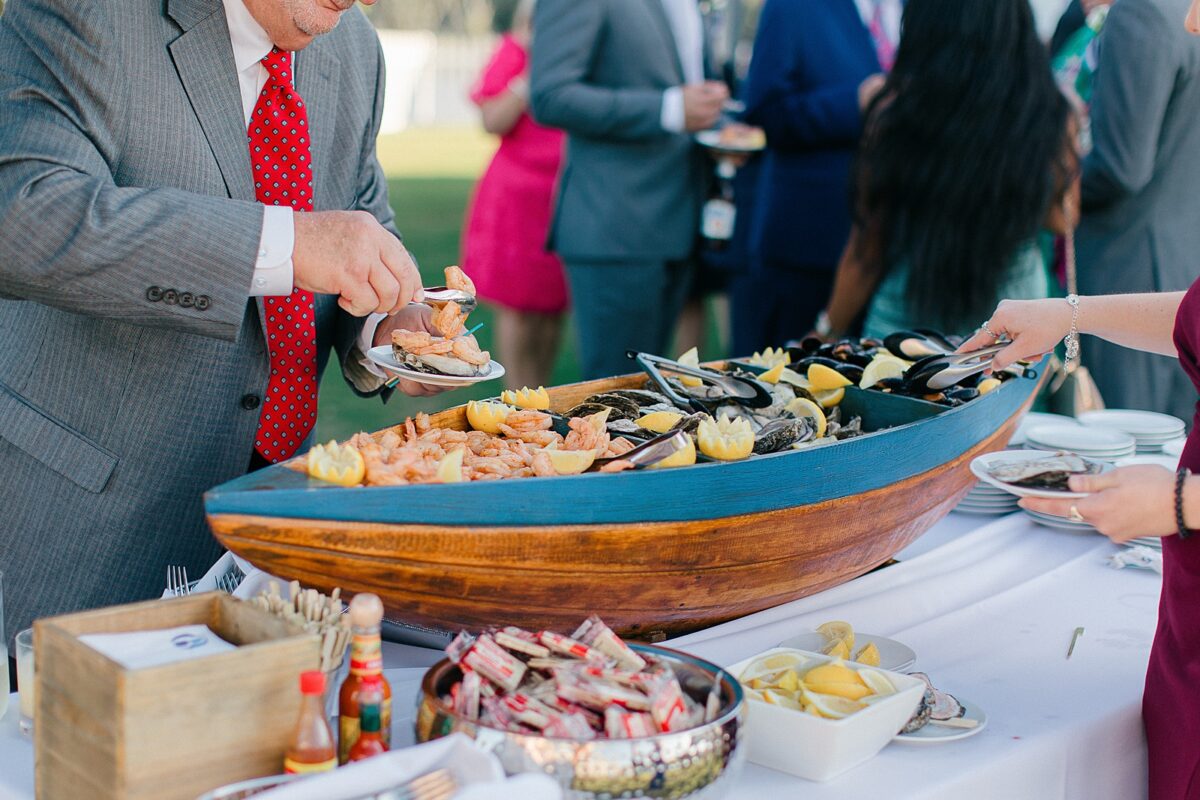 Shrimp and Oyster raw bar at cocktail hour. Beaufort, NC Wedding 