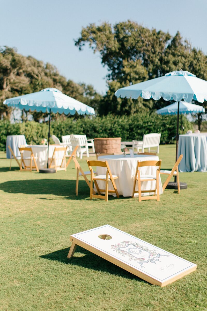 Blue scallop umbrellas and Cocktail hour on the Beaufort Hotel Lawn. 