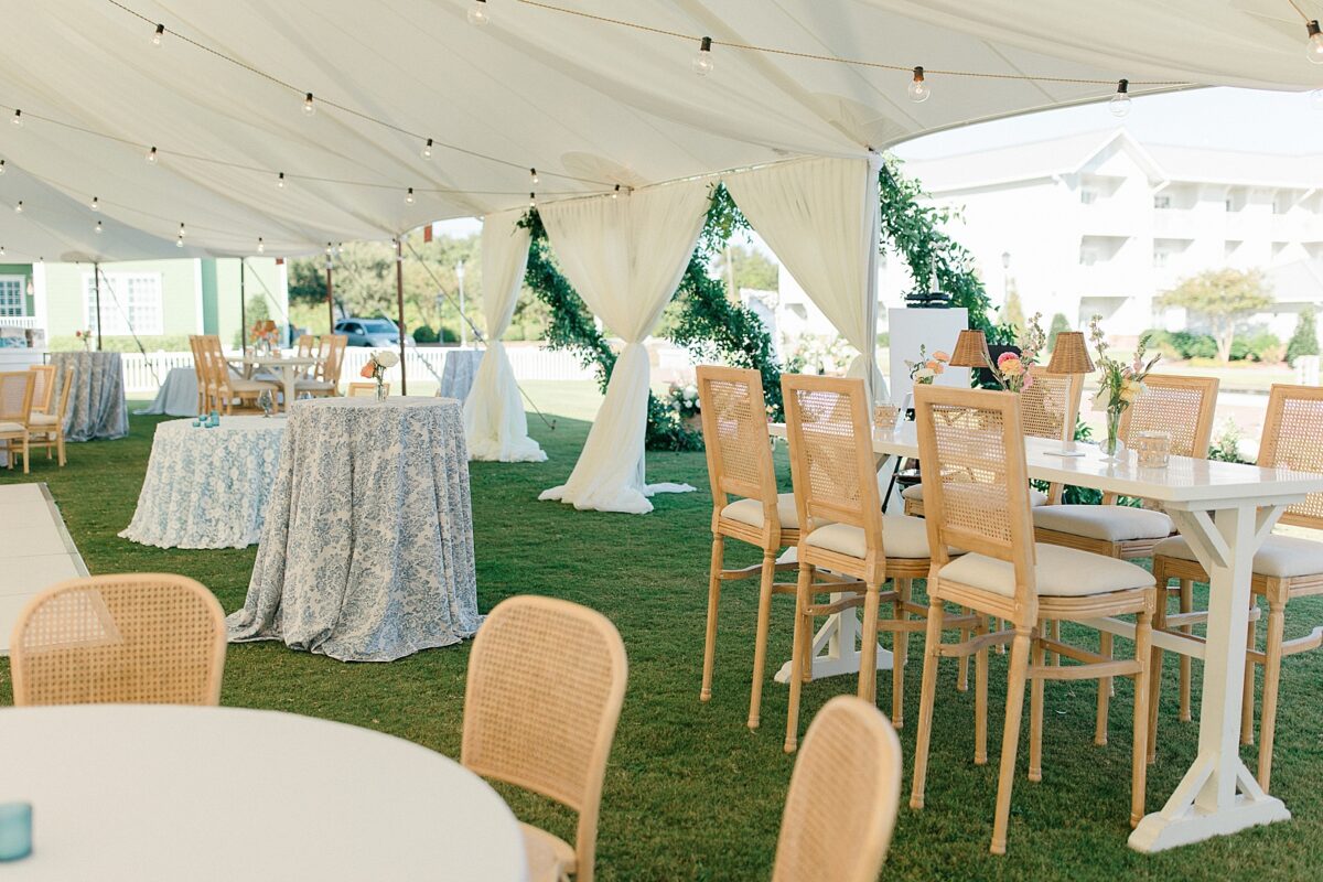 Rattan seating and Blue and White Details for a Coastal Summer Wedding Reception 