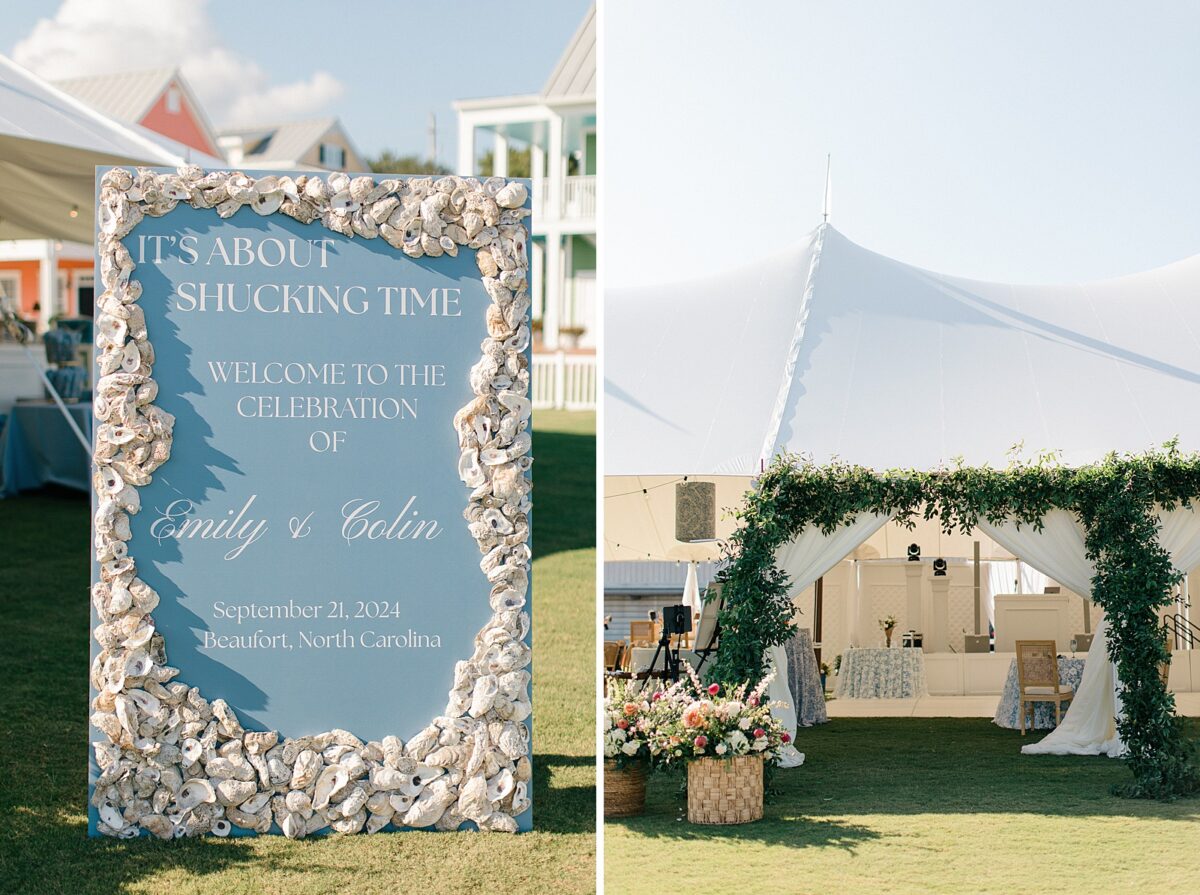 Oyster Welcome Sign and Sail Cloth tent with Smilax greenery  