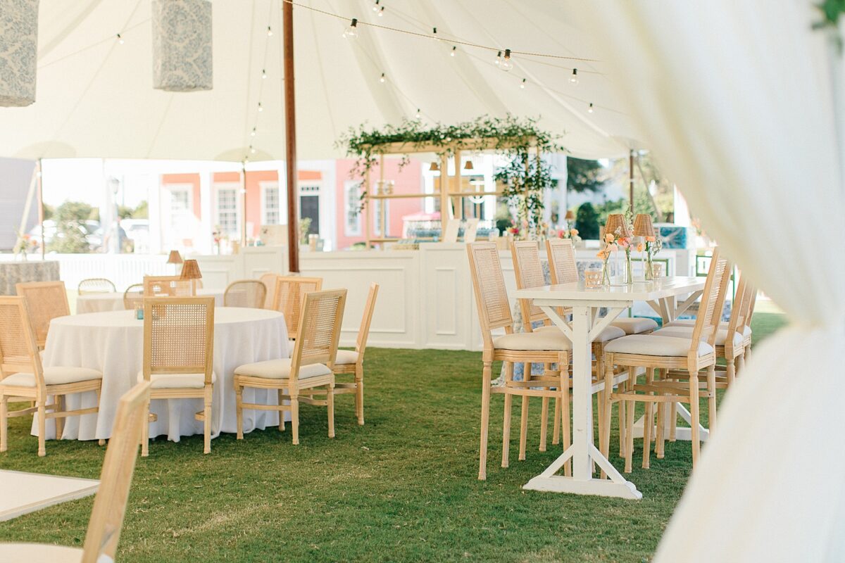 Rattan and White Elevated Coastal Wedding Reception 