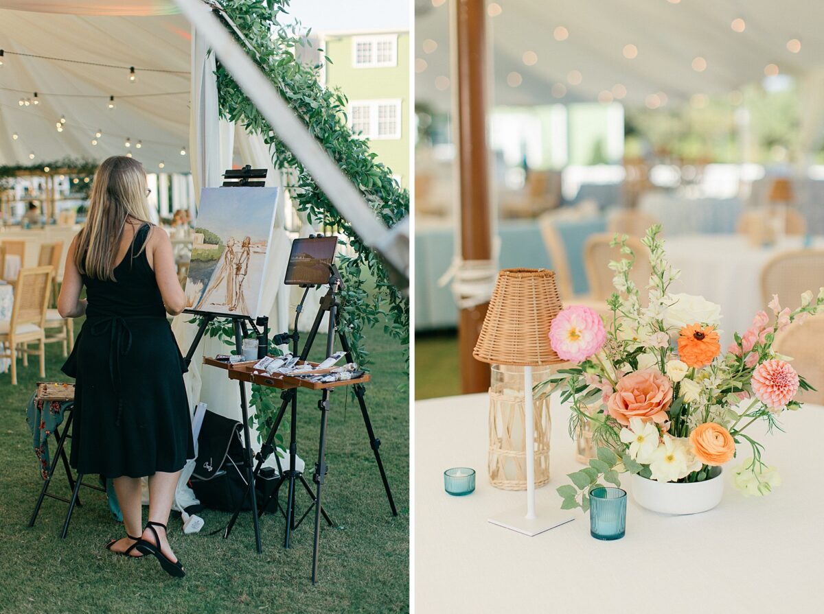 Live painter and pastel florals at a coastal wedding in North Carolina