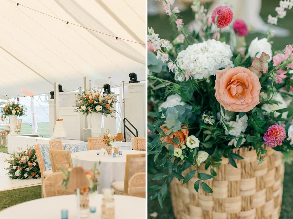 Spring Wildflower florals, pastels, blue and white wedding reception 