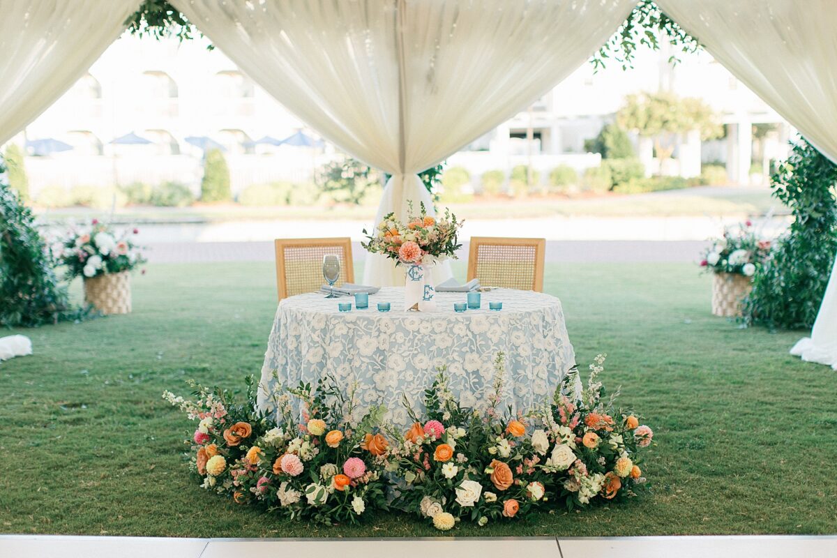 Sweetheart table at light blue and white wedding 