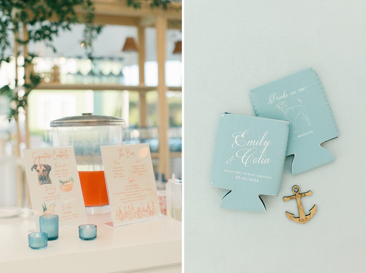 Bar details and specialty cocktails at a coastal NC summer wedding