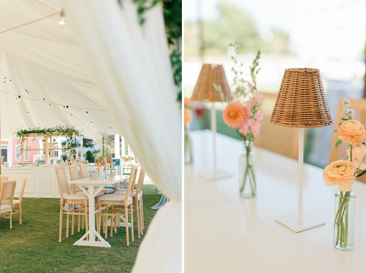 Floral and Rattan details for a blue and white NC wedding 