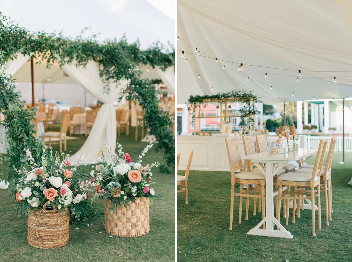 Reception under a sail cloth tent. Rattan and tan seating with pops of color florals 