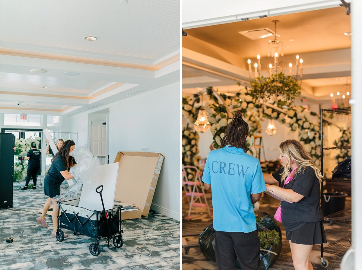 A wedding event and planning team setting up white florals before a wedding day 