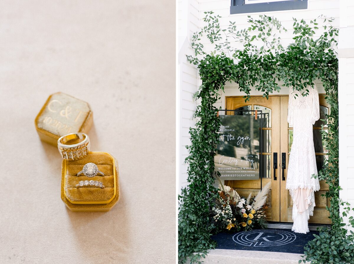 Mustard ring box, and smilax greenery on the entrance of Kindred Wedding and Events in Carolina Beach, NC