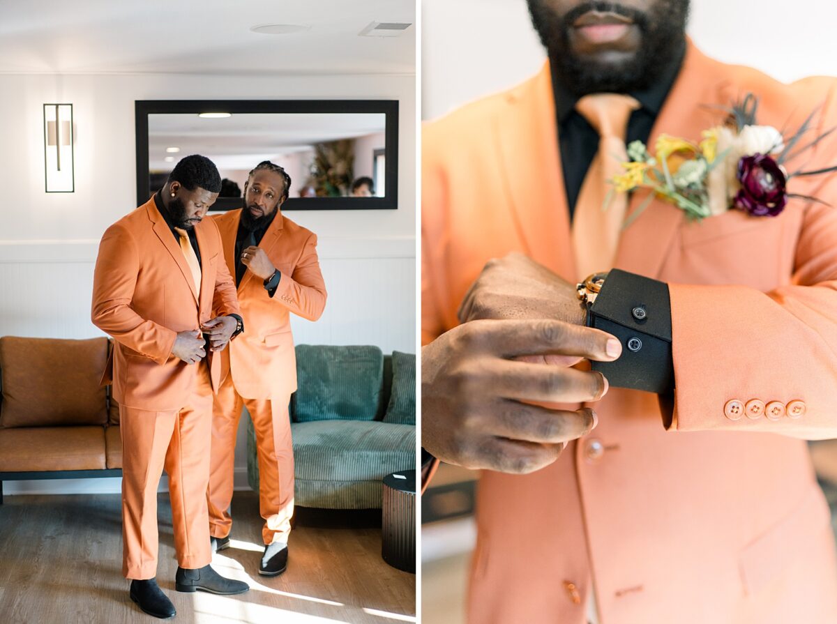 Orange groomsmen suit and fall florals at a Brittanie Raquel event