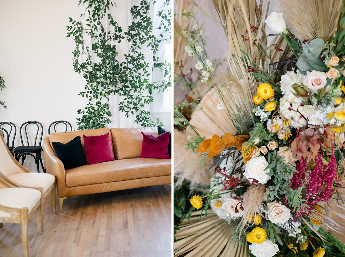 Red wine and fall florals and seating at wedding in Carolina Beach, NC by Brittanie Raquel Events 