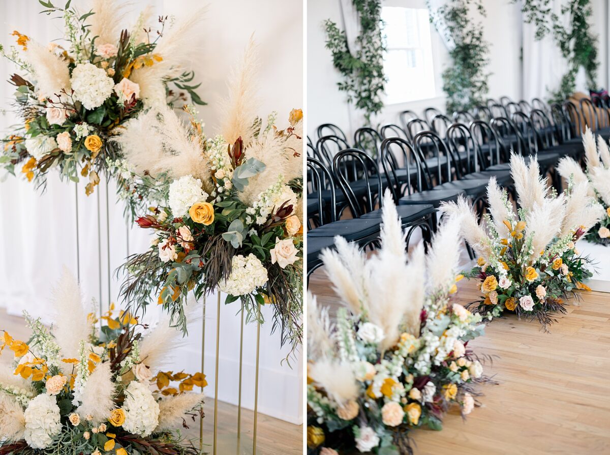 Pompous grass, yellow and pink roses, and white hydrangea florals at fall wedding in Carolina Beach, NC. Brittanie Raquel Event and Weddings 