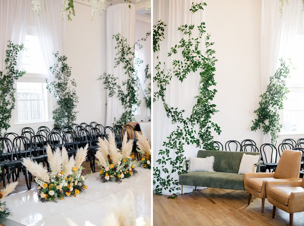 Ceremony lounge and runway seating at wedding planned by Brittanie Raquel events. Forest green and leather lounge seating. 