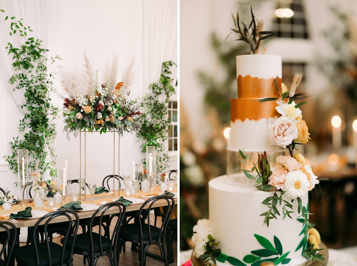 Reception with red wine, orange, pompous grass, and green florals and three tiered style wedding cake. A Brittanie Raquel Events Wedding. 