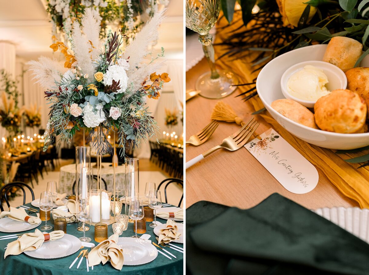 Reception with fall florals, natural wood tables, emerald linens, and gold accents at Kindred Wedding and Events in Carolina Beach, NC. Wedding by Brittanie Raquel Events. 