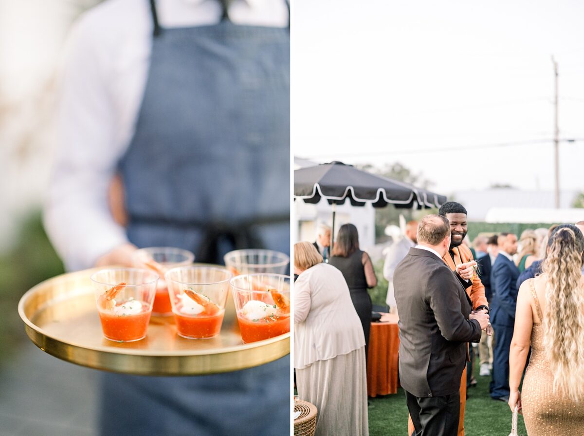 Shrimp Cocktail hor d'orves at Fall cocktail hour at Kindred Wedding and Events in Carolina Beach, NC. Wedding by Brittanie Raquel Events. 