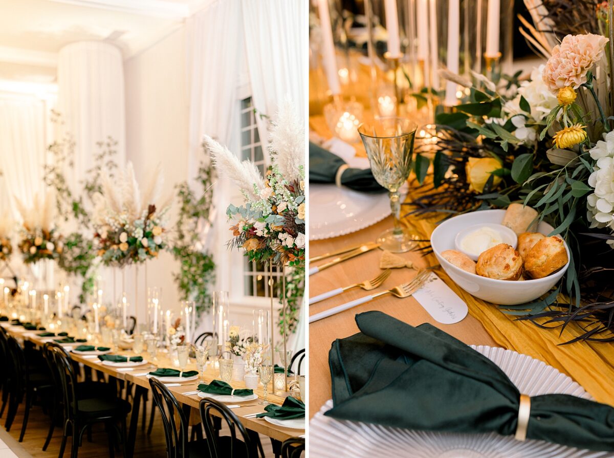 Emerald green and deep fall color reception at Kindred Wedding and Events by Brittanie Raquel events. 