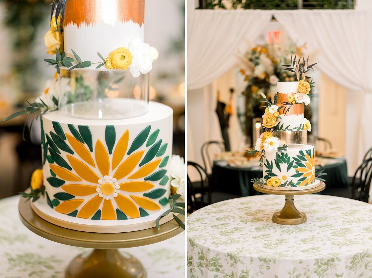 Yellow, orange, green, and white wedding cake. Wedding designed by Brittanie Raquel Events.