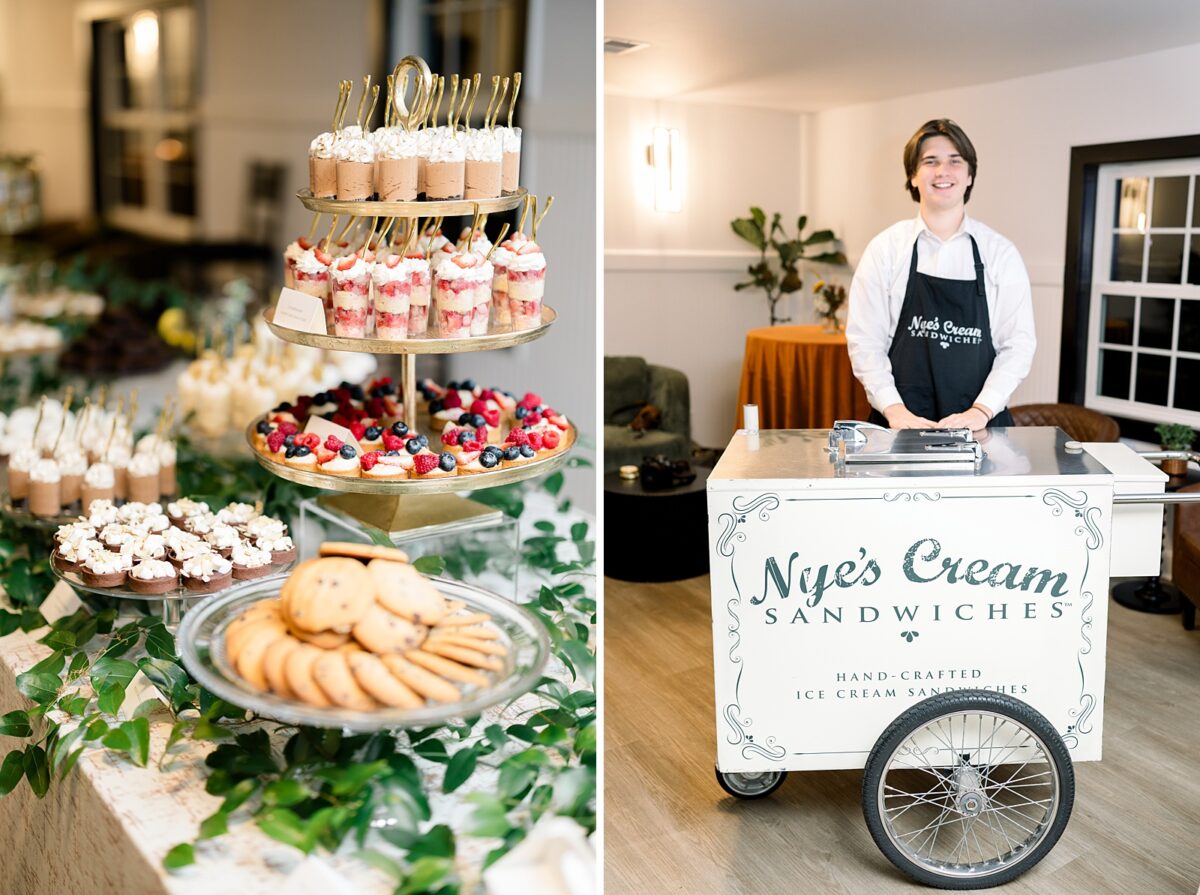 Dessert table and Nye's Cream Ice Cream sandwich cart at a fall wedding by Brittanie Raquel Events. 