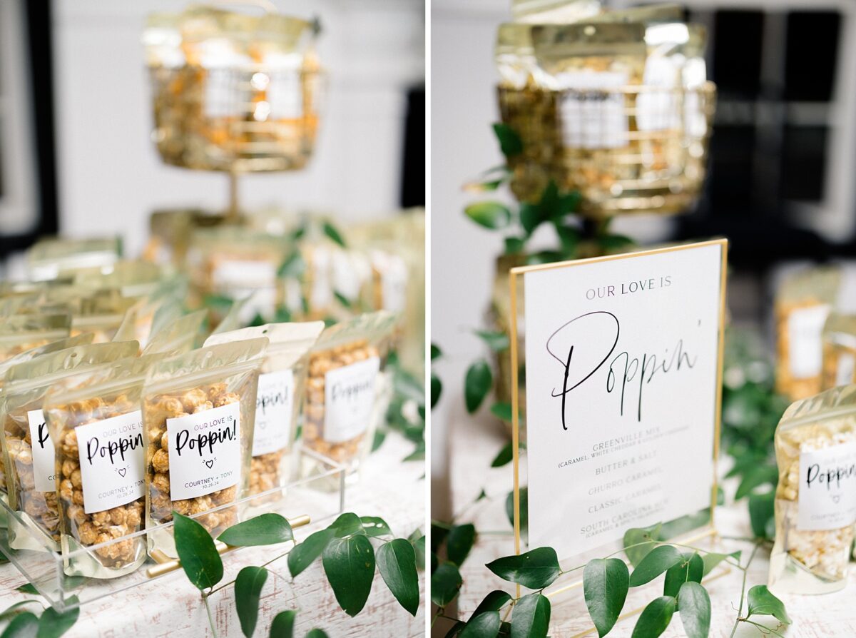 Popcorn and kettle corn party favors at wedding reception in Carolina Beach, NC. Planned by Brittanie Raquel Events. 