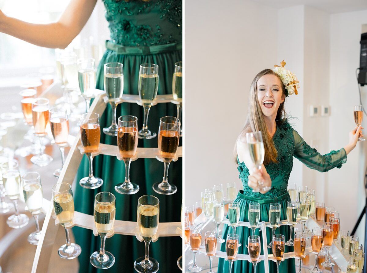 Champagne Lady to welcome in and entertain guests at Kindred Wedding and Events Venue. Wedding by Brittanie Raquel Events. 