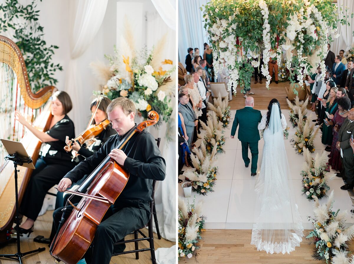 String Trio playing at a fall ceremony at Kindred Wedding and Event Venue. Wedding designed by Brittanie Raquel Events. 