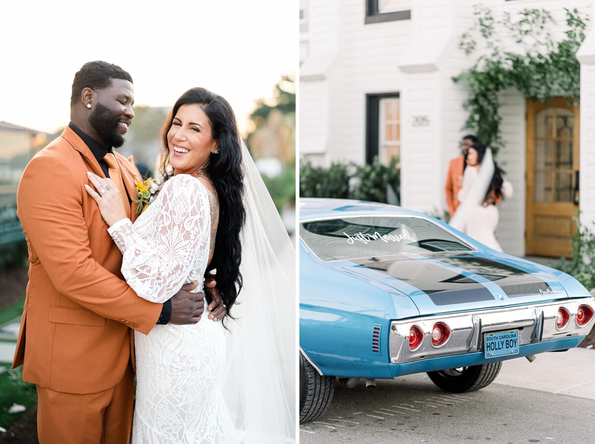 Fall wedding at Kindred Wedding Venue in Carolina Beach, NC, with a Classic Getaway Car. Wedding planned by Brittanie Raquel Events. 