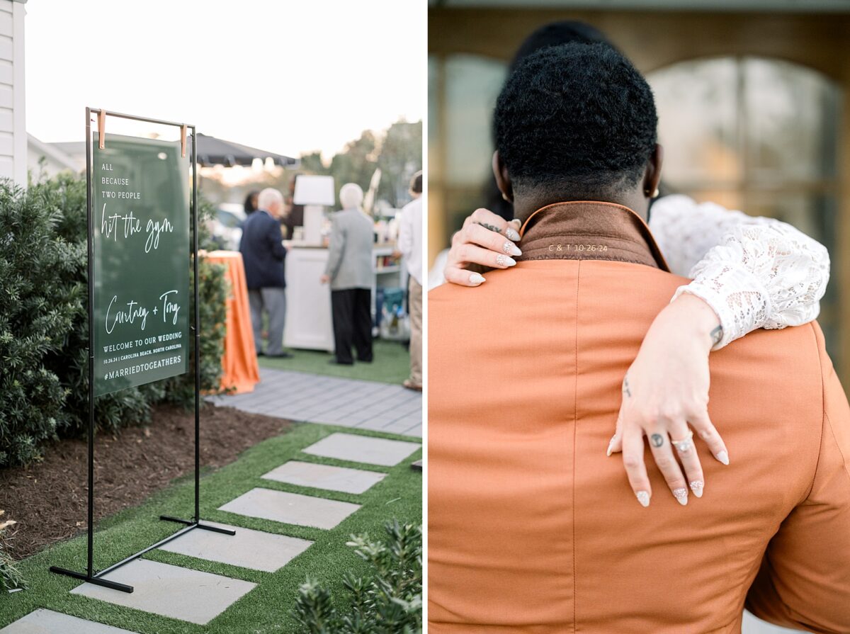 Custom welcome signage and suit embroidery for a green and orange fall wedding. Planned by Brittanie Raquel Events. 