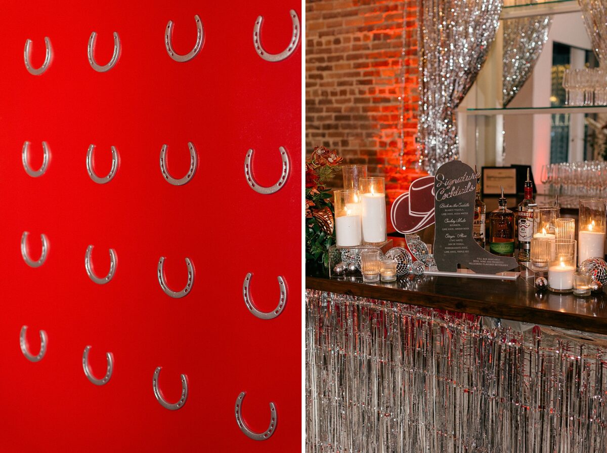 A western themed cocktail bar. Deep red and tinsel highlights. Hosted at The Elia by Brittanie Raquel Events. 