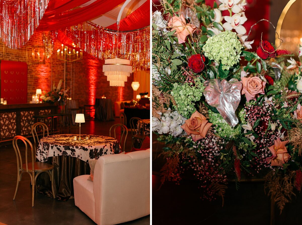 A Disco Rodeo themed event with western, cowhide, tinsel, and red details. Event by Brittanie Raquel Events at The Elia event venue in downtown Wilmington, NC. 