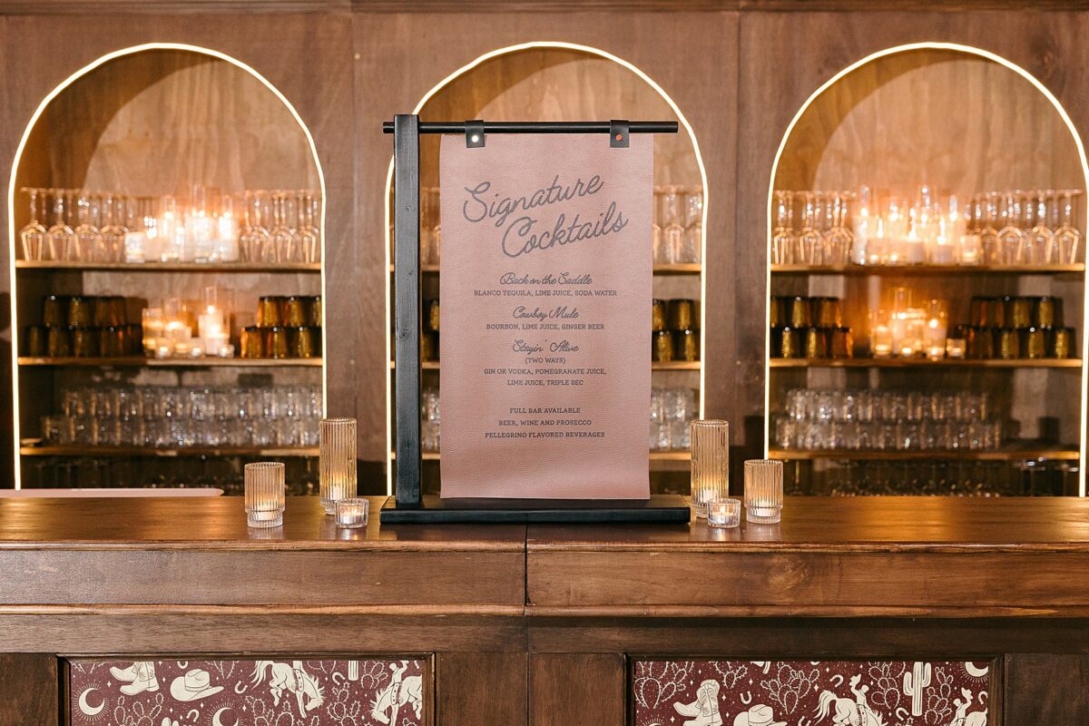 Western themed cocktail bar at The Elia wedding and event venue in Wilmington, NC. 