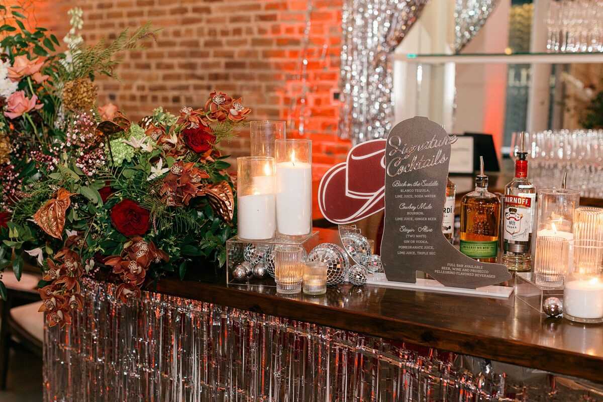 A boot-shaped signature cocktail menu for a Disco Rodeo event in Downtown Wilmington, NC. 
