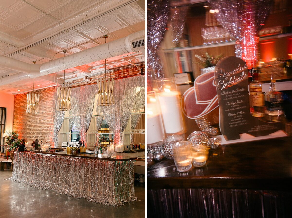 Disco themed and Tinsel covered cocktail bar for a vendor event at The Elia in Wilmington, NC. Event by Brittanie Raquel Events. 