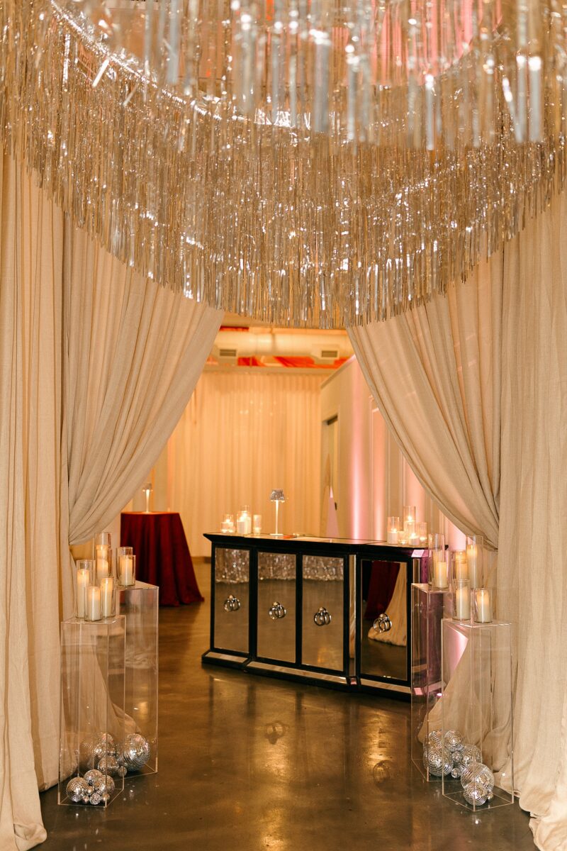 Tan draped entrance to disco themed event at the Elia event venue in Wilmington, NC. 