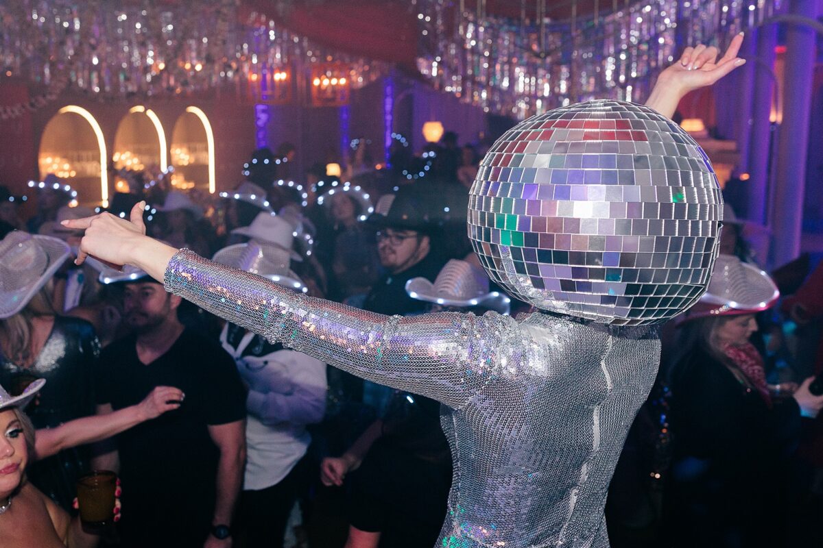 Discohead dancer at wedding party at The Elia in Downtown Wilmington