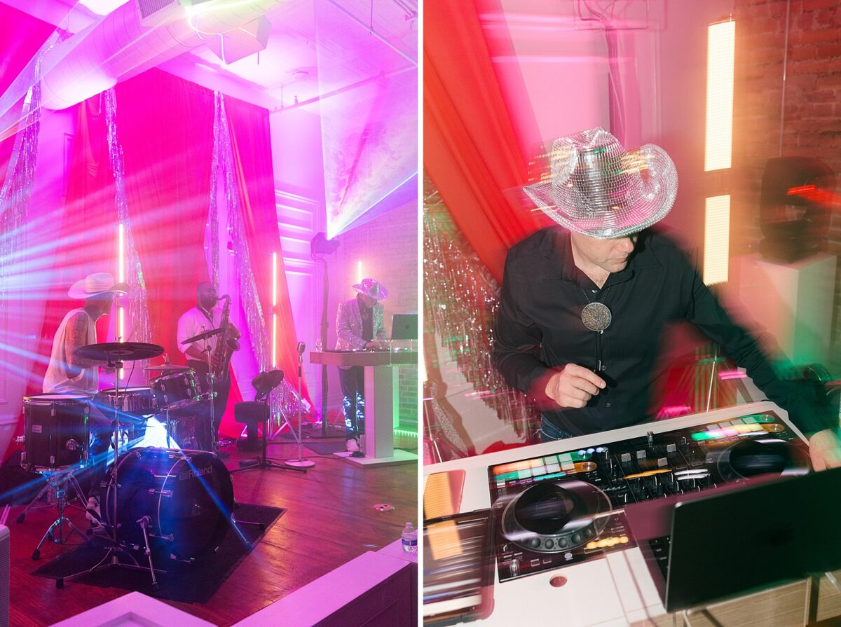 Active DJ with Waveform, live drums and saxophone performance at Rodeo Disco Party  by Brittanie Raquel Events. 