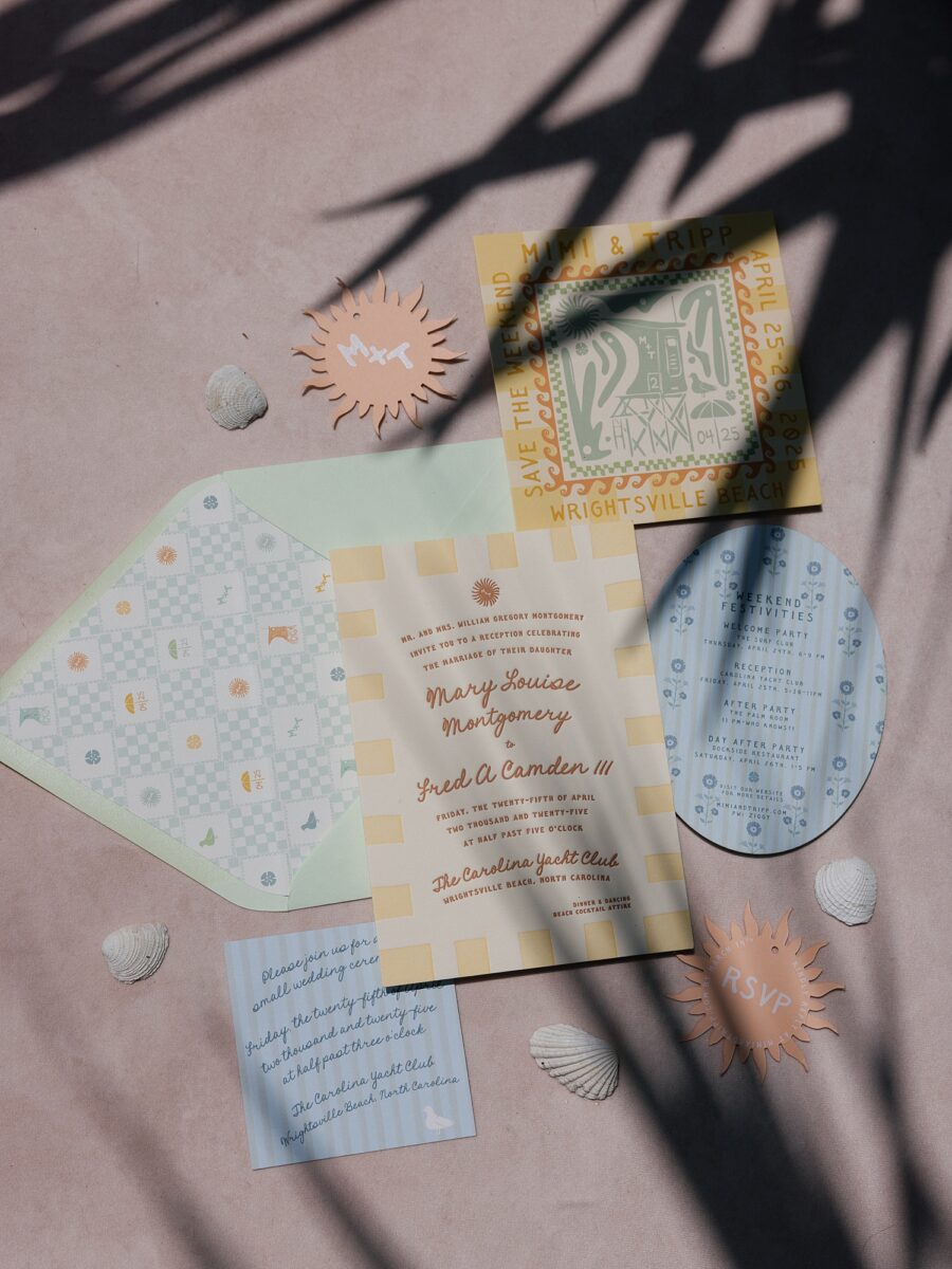 Pastel Blue, Yellow, and Green Custom Invitation Suite for a Beach Club Wedding in Wrightsville Beach, NC. Event design by Brittanie Raquel Events. 