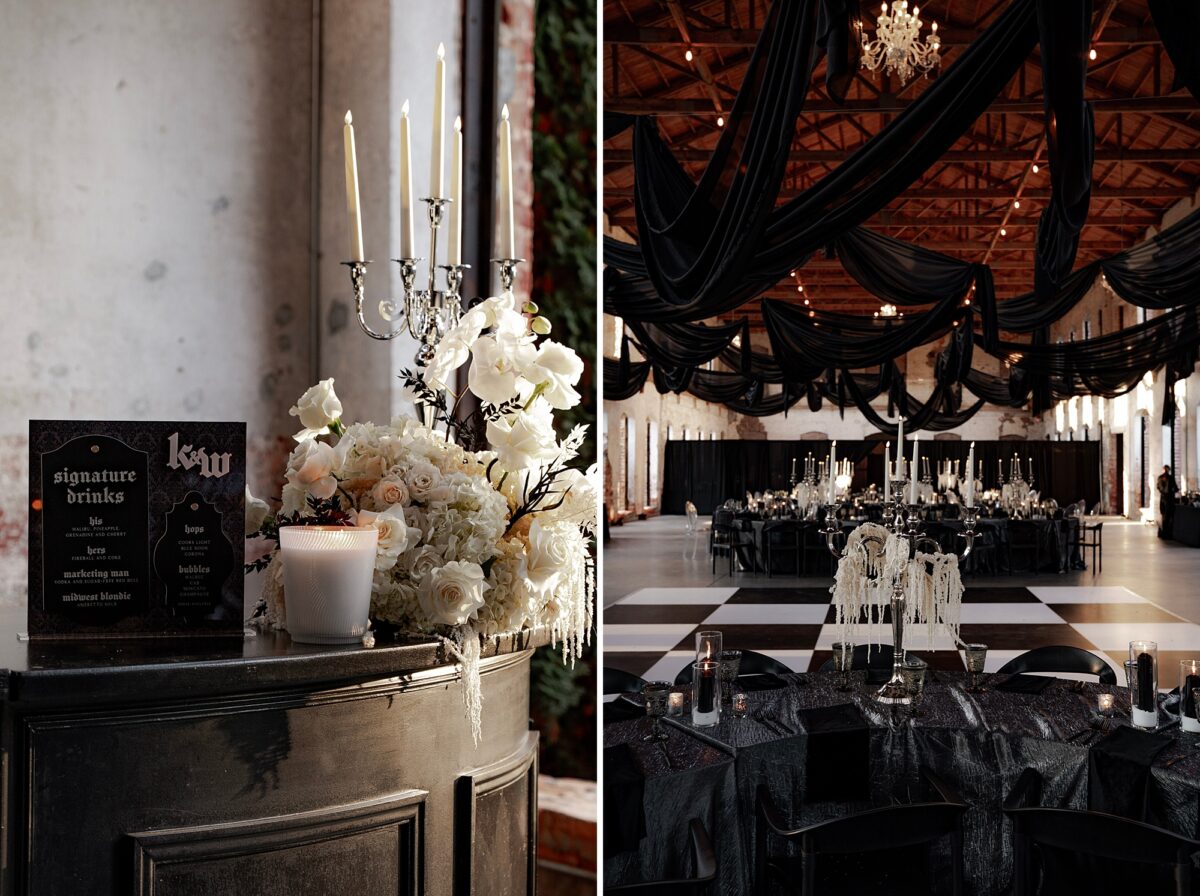 Gothic themed decor for a Halloween-themed wedding in elevated warehouse venue in Charlotte, NC