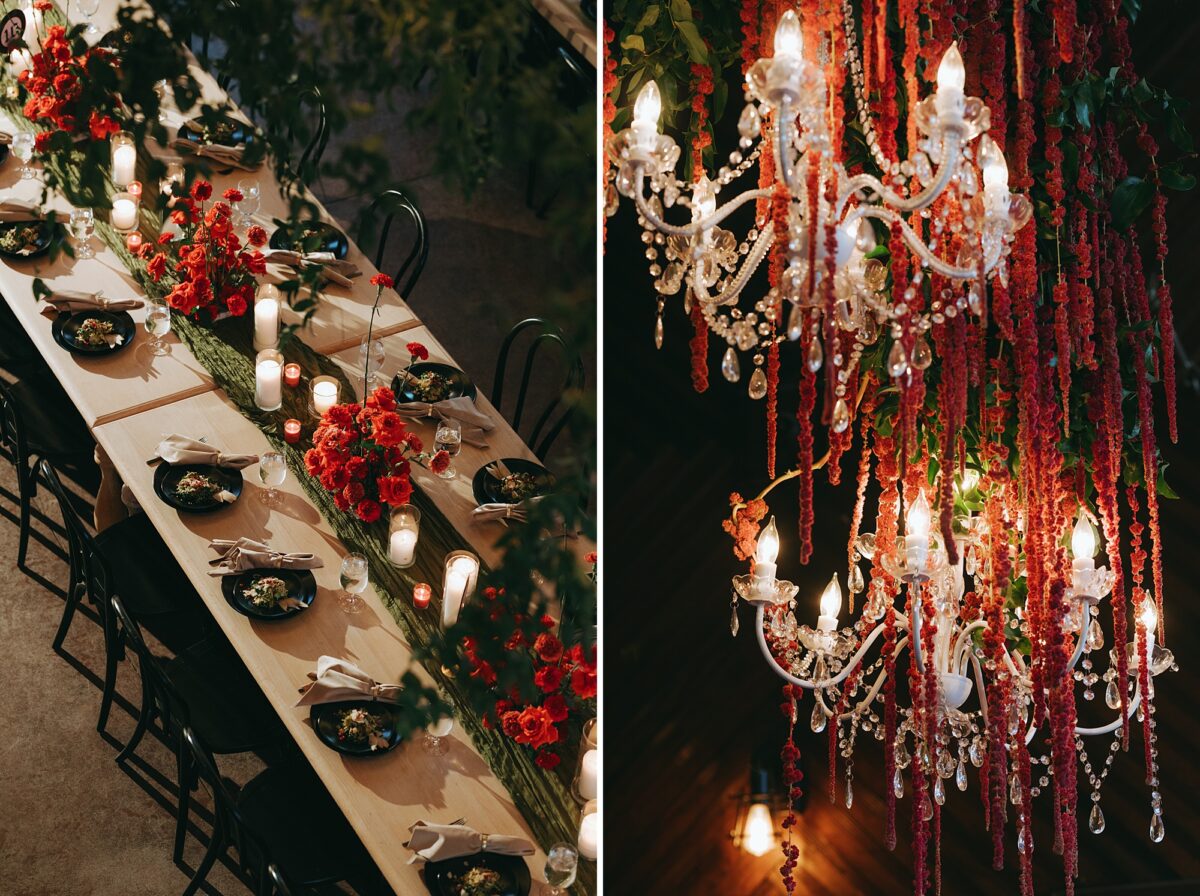 Wedding reception table decor with dramatic red roses and crystal chandeliers for gothic rock and roll wedding at Brooklyn Arts Center