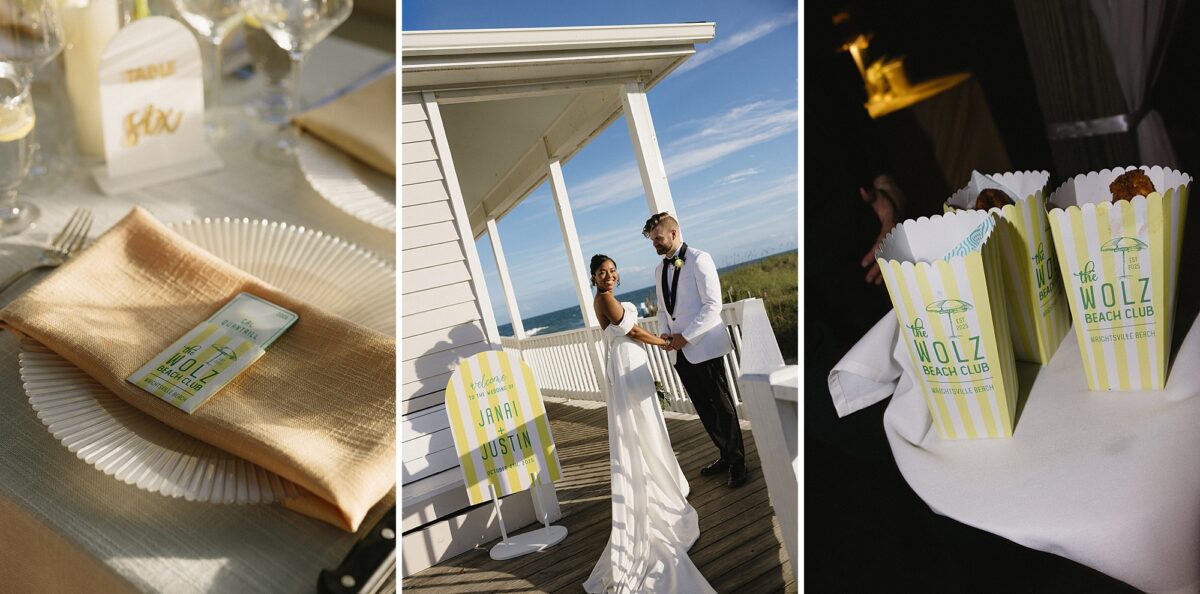 Yellow striped signage and paper goods for beach club wedding on Wrightsville Beach